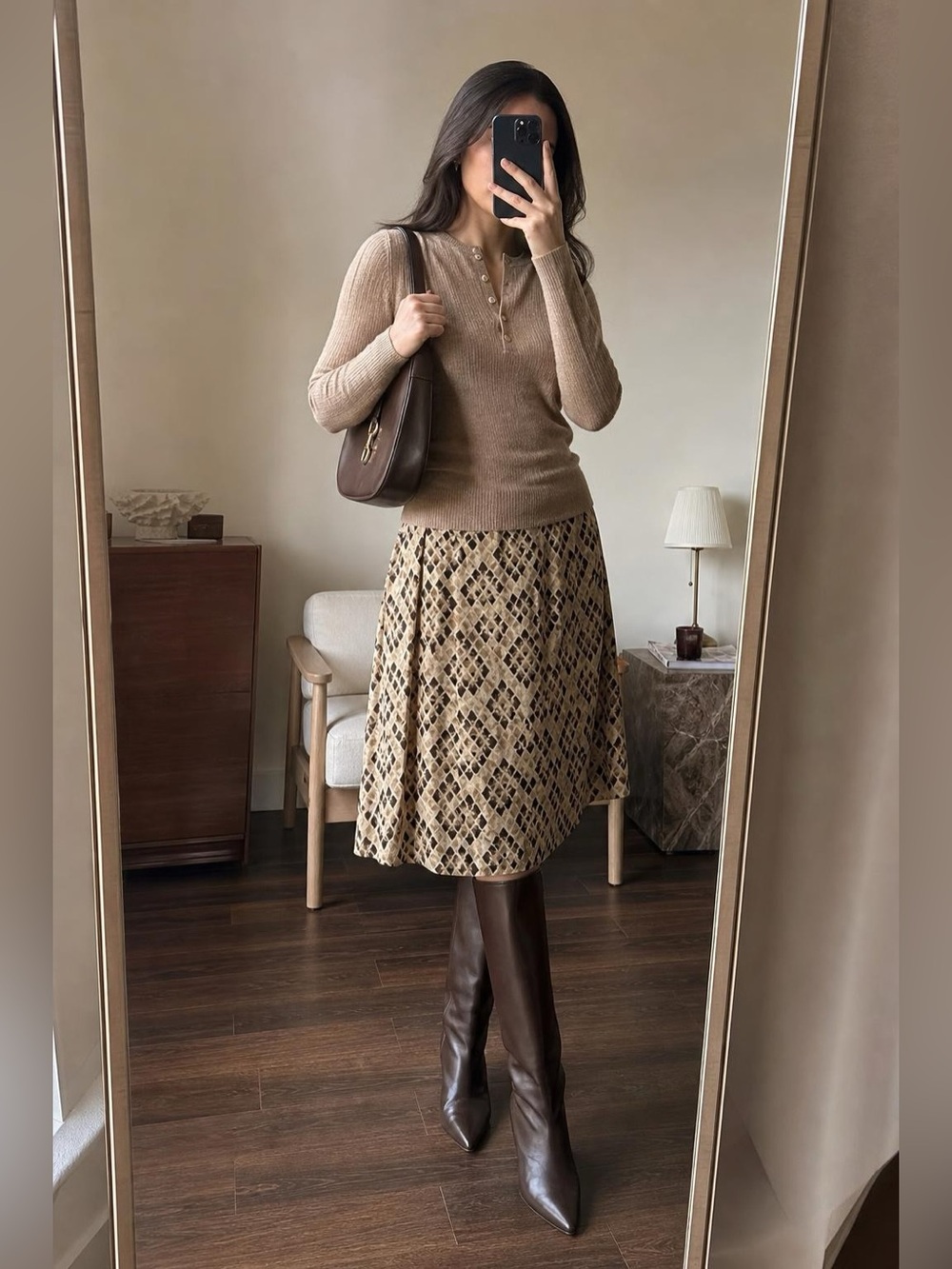 Magaschoni Abstract Animal Print Silk A-Line Midi Skirt Beige Brown
